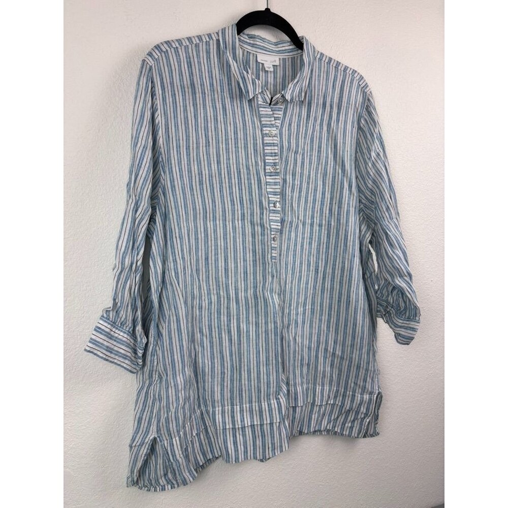 J. Jill women's XL blue white striped love linen 3/4 sleeve collared tunic top - Picture 2 of 6